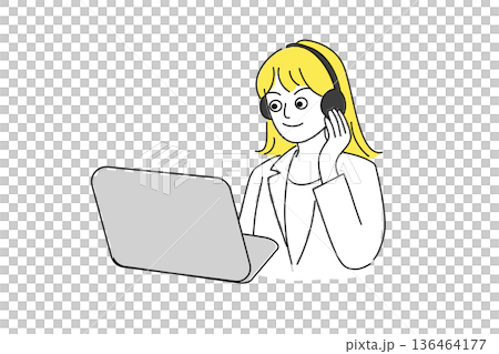 業務対応をするコールセンター女性の線画 136464177