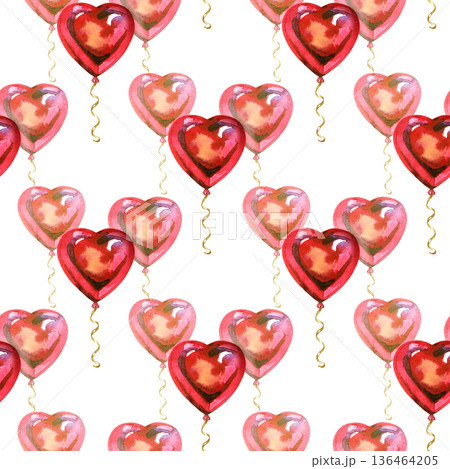 Hand-painted watercolor seamless pattern of red and pink heart-shaped balloons with golden curled ribbons. A romantic and festive design perfect for Valentine's Day, weddings, and celebratory 136464205