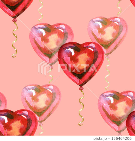 Hand-painted watercolor seamless pattern of red and pink heart-shaped balloons with golden curled ribbons. A romantic and festive design perfect for Valentine's Day, weddings, and celebratory Hand-painted watercolor seamless pattern of red and pink heart-shaped balloons with golden curled ribbons. A romantic and festive design perfect for Valentine's Day, weddings, and celebratory 136464206