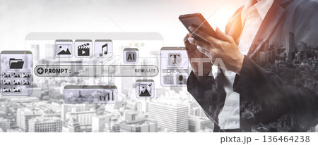 A Business Professional Engaging with Technology in a Modern Cityscape, Utilizing Smartphone for Creative Media and Artificial Intelligence Solutions Quark A Business Professional Engaging with Technology in a Modern Cityscape, Utilizing Smartphone for Creative Media and Artificial Intelligence Solutions Quark 136464238
