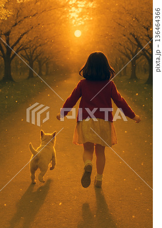 桜吹雪のの中を走る女の子 136464366