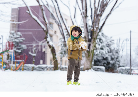 雪の公園で遊ぶ6歳の男の子 136464367