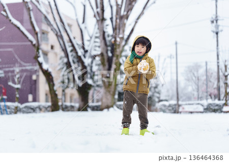 雪の公園で遊ぶ6歳の男の子 136464368