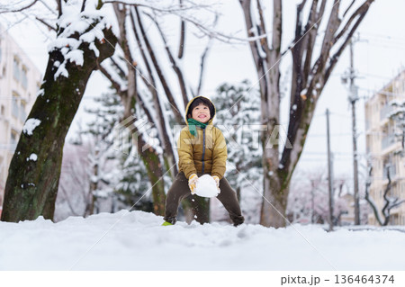 雪の公園で遊ぶ6歳の男の子 136464374