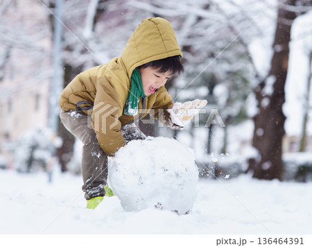 雪の公園で遊ぶ6歳の男の子 136464391