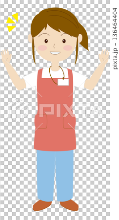 一位身穿圍裙、佩戴名牌的女子麵帶微笑，張開雙臂 136464404
