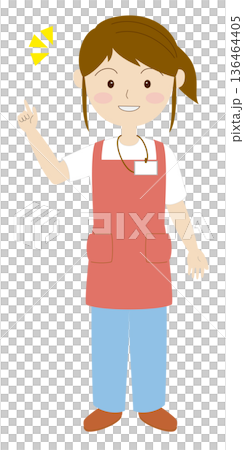 一位身穿圍裙、佩戴名牌的女士微笑著指著什麼。 一位身穿圍裙、佩戴名牌的女士微笑著指著什麼。 136464405