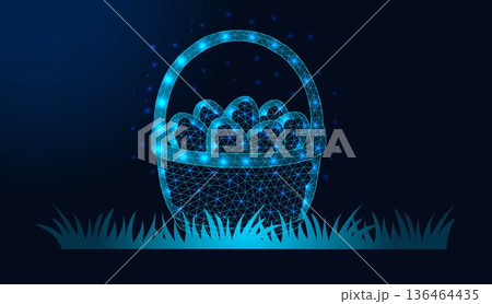 Low poly wireframe easter basket with eggs on grass on dark blue background. Low poly wireframe easter basket with eggs on grass on dark blue background. 136464435