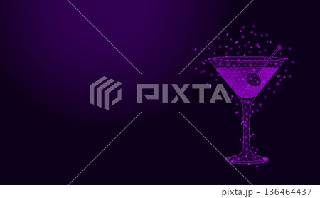 Low poly wireframe martini cocktail glass with olive on dark purple background. 136464437