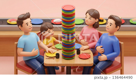 回転寿司で皿を高く積み上げ満腹になった家族 136464490