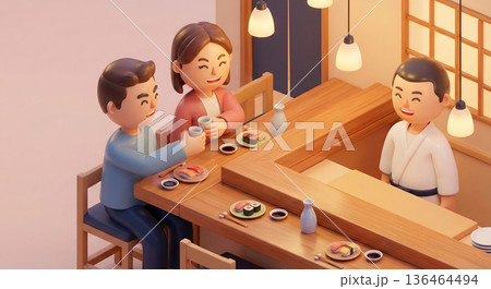 寿司屋のカウンターで日本酒を飲みながら食事を楽しむ男女 136464494