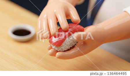 職人がマグロの握り寿司を形作る手元のクローズアップ 136464495