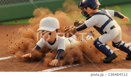 ホームベースに滑り込むランナーとタッチする野手 136464512
