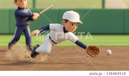 鋭い打球をダイビングキャッチで捕球しようとする野球選手 136464519