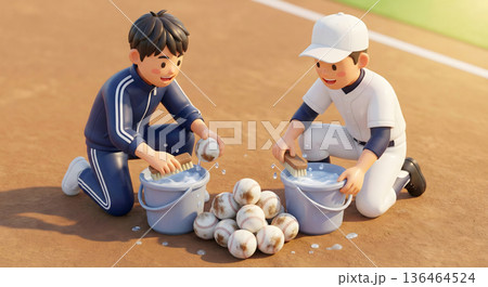 バケツとブラシでボールを磨くマネージャーと選手 136464524