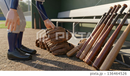 ベンチ前でグローブやバットを整頓し、黙々と準備する部員 136464526