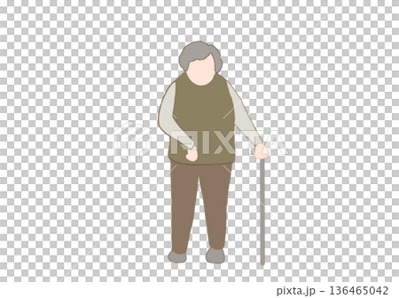 彩色插圖，描繪了右眼癱瘓的老人拄著拐杖站立的情景。 136465042