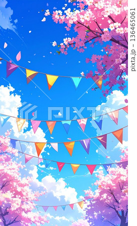 縦型素材　青空と桜とガーランドの爽やかな春のイラスト　生成AI素材 136465061
