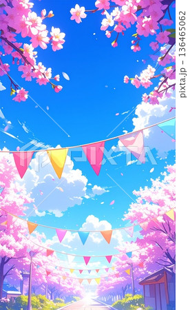 縦型素材　青空と桜とガーランドの爽やかな春のイラスト　生成AI素材 136465062