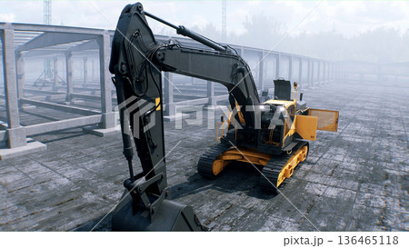 Excavator with big shovel on construction site. Daylight. 3d rendering. Excavator with big shovel on construction site. Daylight. 3d rendering. 136465118