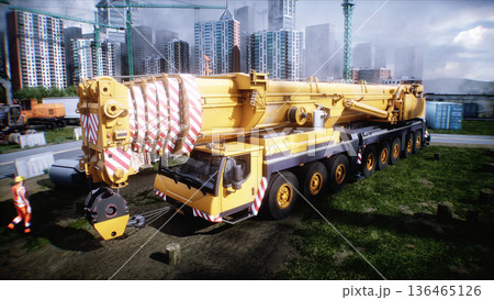 Mobile construction crane. Construction of a large industrial building or factory, building exterior. 3d rendering. 136465126