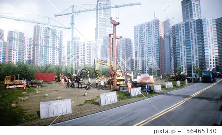 Workers are actively involved in the construction of a multi-story building during summer. Cranes are lifting materials. 3d rendering. Workers are actively involved in the construction of a multi-story building during summer. Cranes are lifting materials. 3d rendering. 136465130