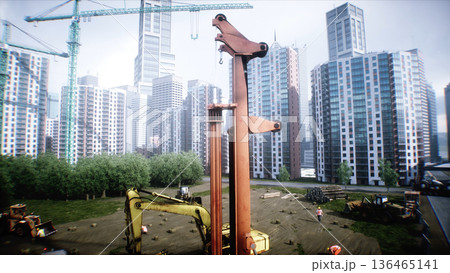 Workers are actively involved in the construction of a multi-story building during summer. Cranes are lifting materials. 3d rendering. Workers are actively involved in the construction of a multi-story building during summer. Cranes are lifting materials. 3d rendering. 136465141