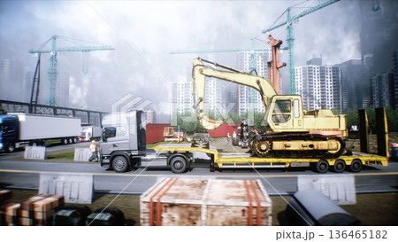 A trailer truck transporting excavator. Building and transport concept. 3d rendering. 136465182
