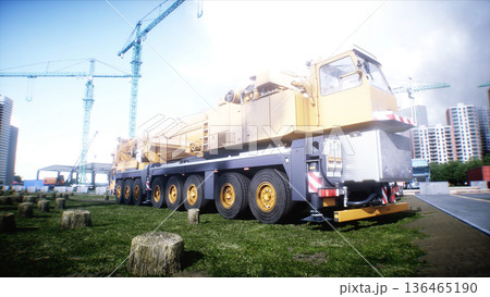 Mobile construction crane. Construction of a large industrial building or factory, building exterior. 3d rendering. 136465190