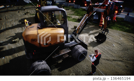 Excavator with big shovel on construction site. Daylight. 3d rendering. Excavator with big shovel on construction site. Daylight. 3d rendering. 136465194