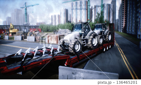 Excavator with big shovel on construction site. Daylight. 3d rendering. 136465201