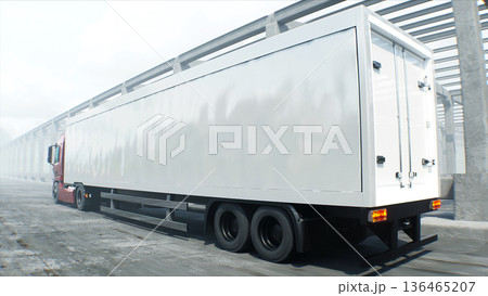 Red cargo truck on construction. driving. Building and transport logistic concept. 3d rendering. 136465207