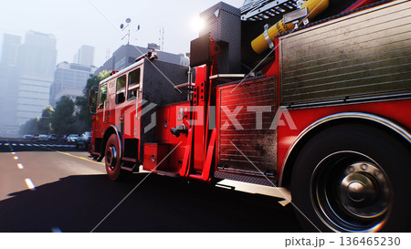 An fire engine, fire rescue driving fast on a...のイラスト素材 [136465230] - PIXTA