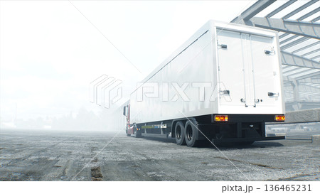 Red cargo truck on construction. driving. Building and transport logistic concept. 3d rendering. 136465231