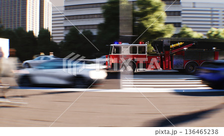 An fire engine, fire rescue driving fast on a city street.3d rendering. 136465238