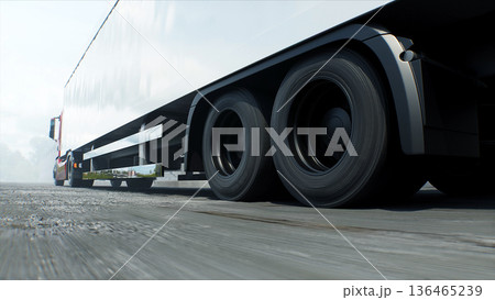 Red cargo truck on construction. driving. Building and transport logistic concept. 3d rendering. Red cargo truck on construction. driving. Building and transport logistic concept. 3d rendering. 136465239