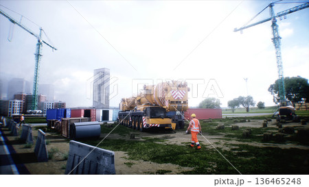 Mobile construction crane. Construction of a large industrial building or factory, building exterior. 3d rendering. 136465248