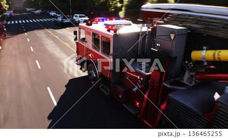 An fire engine, fire rescue driving fast on a city street.3d rendering. An fire engine, fire rescue driving fast on a city street.3d rendering. 136465255