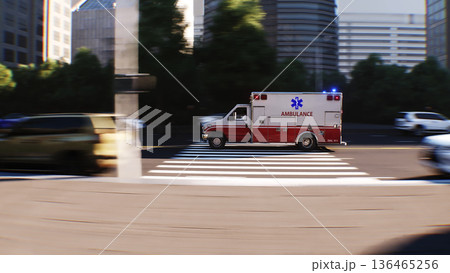 An ambulance driving fast on a city street. 3d rendering. 136465256