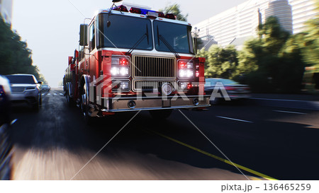 An fire engine, fire rescue driving fast on a...のイラスト素材 [136465259] - PIXTA