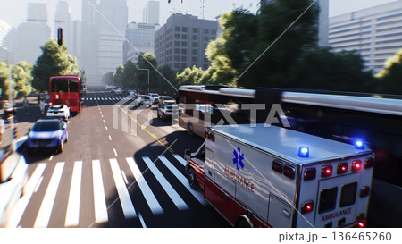 An ambulance driving fast on a city street. 3d rendering. An ambulance driving fast on a city street. 3d rendering. 136465260
