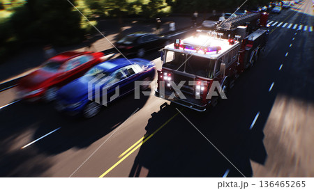 An fire engine, fire rescue driving fast on a city street.3d rendering. An fire engine, fire rescue driving fast on a city street.3d rendering. 136465265