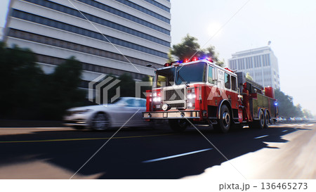 An fire engine, fire rescue driving fast on a city street.3d rendering. 136465273