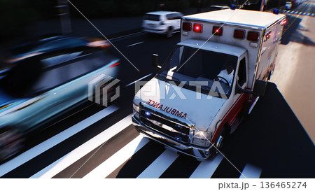An ambulance driving fast on a city street. 3d rendering. 136465274