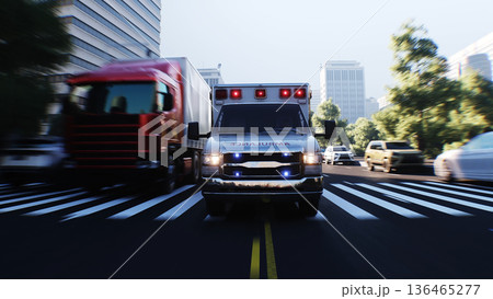 An ambulance driving fast on a city street. 3d rendering. An ambulance driving fast on a city street. 3d rendering. 136465277