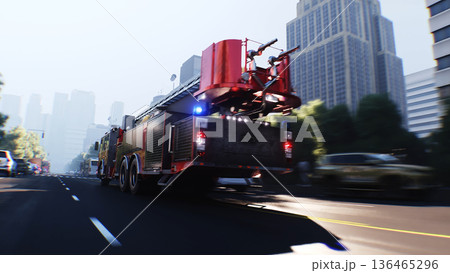 An fire engine, fire rescue driving fast on a...のイラスト素材 [136465296] - PIXTA