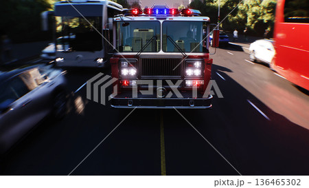 An fire engine, fire rescue driving fast on a city street.3d rendering. An fire engine, fire rescue driving fast on a city street.3d rendering. 136465302