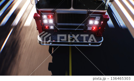 An fire engine, fire rescue driving fast on a city street.3d rendering. 136465303