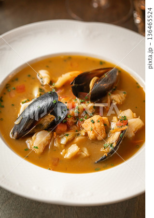 Marseille seafood soup with rouille sauce 136465524