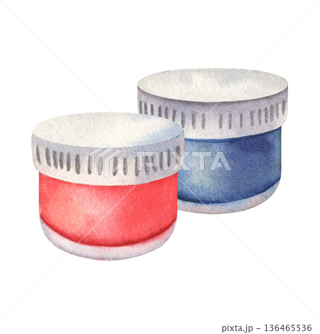 Paint jars, red and blue paint, acrylic, gouache. Hand-painted watercolor illustration isolated on white. Perfect for art supplies design, packaging, education materials, branding, creative projects Paint jars, red and blue paint, acrylic, gouache. Hand-painted watercolor illustration isolated on white. Perfect for art supplies design, packaging, education materials, branding, creative projects 136465536